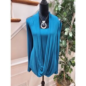 Midnight Velvet Women Blue Solid Rayon Cold Shoulder Sleeve Top Shirt Size Large